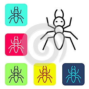 Black line Ant icon isolated on white background. Set icons in color square buttons. Vector