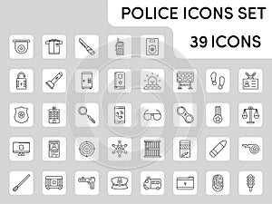 Black Line Art Police Icon Set In Flat
