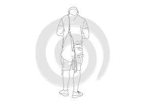 Black Line art sketch of a man is standing with backpacks, back view. Hand drawn illustration