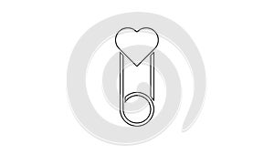 Black line Baby clothes pin icon isolated on white background. Classic closed steel safety pin. 4K Video motion graphic