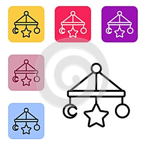 Black line Baby crib hanging toys icon isolated on white background. Baby bed carousel. Set icons in color square