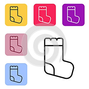 Black line Baby socks clothes icon isolated on white background. Set icons in color square buttons. Vector