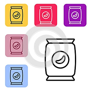 Black line Bag or packet potato chips icon isolated on white background. Set icons in color square buttons. Vector