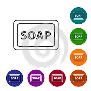 Black line Bar of soap with foam icon isolated on white background. Soap bar with bubbles. Set icons in color circle