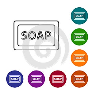 Black line Bar of soap icon isolated on white background. Soap bar with bubbles. Set icons in color circle buttons