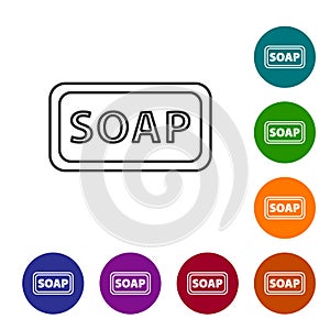 Black line Bar of soap icon isolated on white background. Soap bar with bubbles. Set icons in color circle buttons