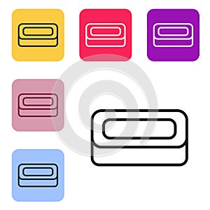 Black line Bar of soap icon isolated on white background. Soap bar with bubbles. Set icons in color square buttons