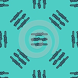 Black line Barbed wire icon isolated seamless pattern on green background. Vector