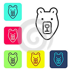 Black line Bear head icon isolated on white background. Set icons in color square buttons. Vector