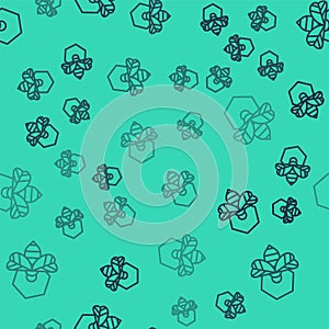 Black line Bee and honeycomb icon isolated seamless pattern on green background. Honey cells. Honeybee or apis with