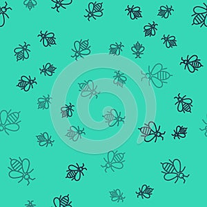 Black line Bee icon isolated seamless pattern on green background. Sweet natural food. Honeybee or apis with wings