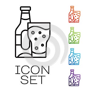 Black line Beer bottle and glass icon isolated on white background. Alcohol Drink symbol. Set icons colorful. Vector