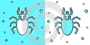 Black line Beetle deer icon isolated on green and white background. Horned beetle. Big insect. Random dynamic shapes