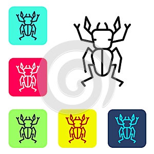 Black line Beetle deer icon isolated on white background. Horned beetle. Big insect. Set icons in color square buttons