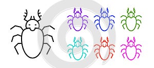 Black line Beetle deer icon isolated on white background. Horned beetle. Big insect. Set icons colorful. Vector