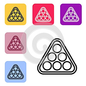 Black line Billiard balls in a rack triangle icon isolated on white background. Set icons in color square buttons