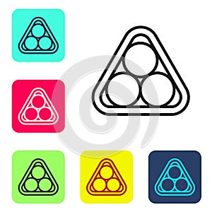 Black line Billiard balls in a rack triangle icon isolated on white background. Set icons in color square buttons