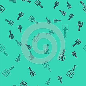 Black line Binary code icon isolated seamless pattern on green background. Vector