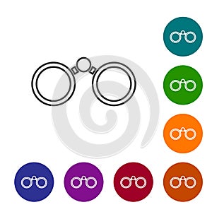 Black line Binoculars icon isolated on white background. Find software sign. Spy equipment symbol. Set icons in color