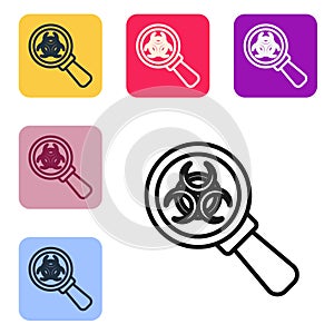Black line Biohazard and magnifying glass icon isolated on white background. Set icons in color square buttons. Vector