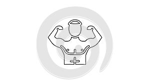 Black line Bodybuilder showing his muscles icon isolated on white background. Fit fitness strength health hobby concept