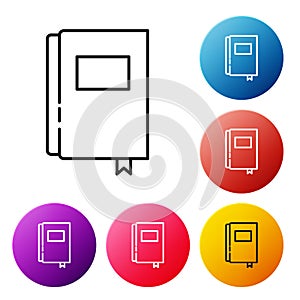 Black line Book icon isolated on white background. Set icons colorful circle buttons. Vector