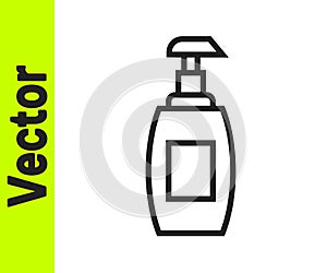 Black line Bottle of liquid antibacterial soap with dispenser icon isolated on white background. Antiseptic
