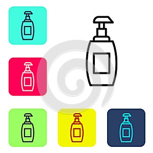 Black line Bottle of liquid antibacterial soap with dispenser icon isolated on white background. Antiseptic