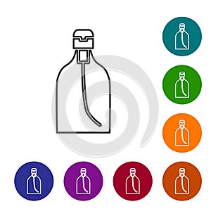 Black line Bottle of liquid antibacterial soap with dispenser icon isolated on white background. Disinfection, hygiene
