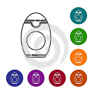 Black line Bottle of shampoo icon isolated on white background. Set icons in color circle buttons. Vector Illustration