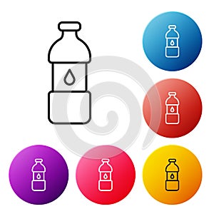 Black line Bottle of water icon isolated on white background. Soda aqua drink sign. Set icons colorful circle buttons