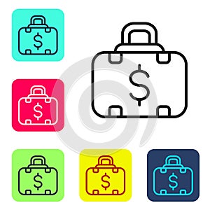 Black line Briefcase and money icon isolated on white background. Business case sign. Business portfolio. Set icons in