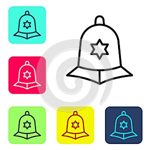 Black line British police helmet icon isolated on white background. Set icons in color square buttons. Vector