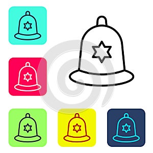 Black line British police helmet icon isolated on white background. Set icons in color square buttons. Vector