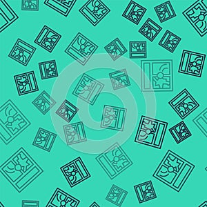 Black line Broken window icon isolated seamless pattern on green background. Damaged window. Beaten windowpane concept