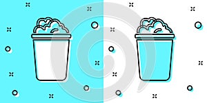 Black line Bucket with soap suds icon isolated on green and white background. Bowl with water. Washing clothes, cleaning