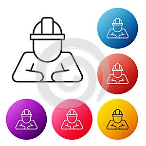 Black line Builder icon isolated on white background. Construction worker. Set icons colorful circle buttons. Vector