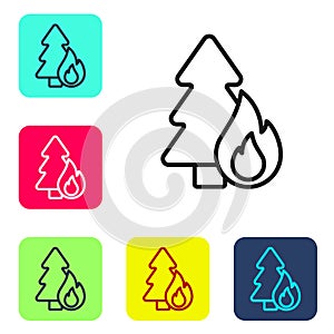 Black line Burning forest trees in fire flames icon isolated on white background. Natural disaster concept. Set icons in