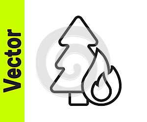 Black line Burning forest trees in fire flames icon isolated on white background. Natural disaster concept. Vector