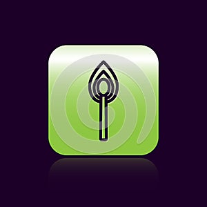 Black line Burning match with fire icon isolated on black background. Match with fire. Matches sign. Green square button