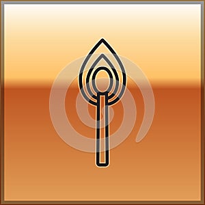 Black line Burning match with fire icon isolated on gold background. Match with fire. Matches sign. Vector Illustration