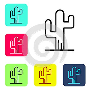 Black line Cactus icon isolated on white background. Set icons in color square buttons. Vector