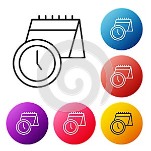 Black line Calendar and clock icon isolated on white background. Schedule, appointment, organizer, timesheet, time