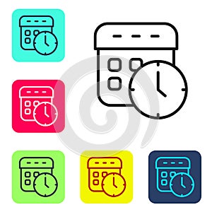 Black line Calendar and clock icon isolated on white background. Schedule, appointment, organizer, timesheet, time