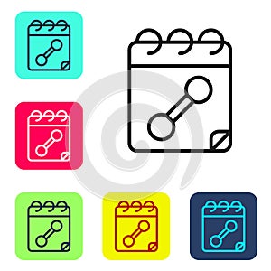 Black line Calendar fitness icon isolated on white background. Training schedule. Set icons in color square buttons