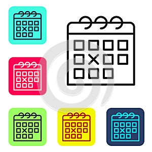 Black line Calendar fitness icon isolated on white background. Training schedule. Set icons in color square buttons