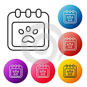 Black line Calendar grooming icon isolated on white background. Event reminder symbol. Set icons colorful circle buttons