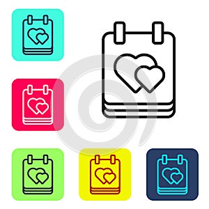 Black line Calendar with heart icon isolated on white background. Valentines day. Love symbol. February 14. Set icons in