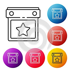 Black line Calendar party icon isolated on white background. Event reminder symbol. Set icons colorful circle buttons