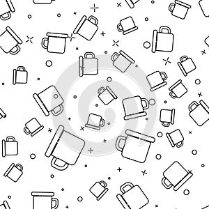 Black line Camping metal mug icon isolated seamless pattern on white background. Vector Illustration